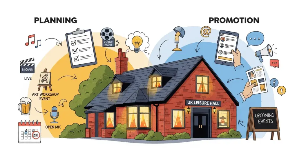 Image of a High Street Village Hall with graphics describing different types of events