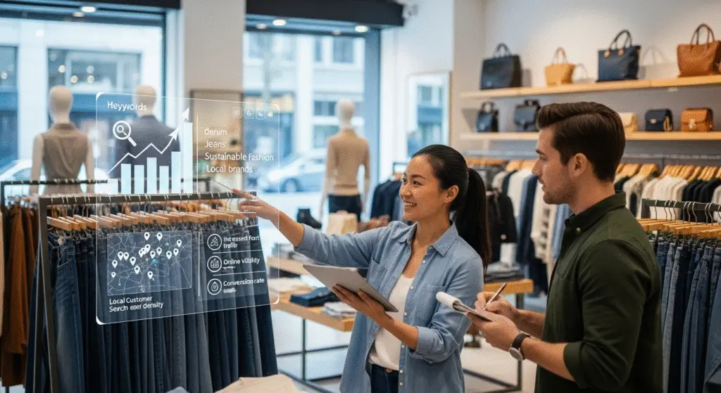 A shop keeper in her clothing store with a info graphic of SEO while discussing it with a SEO Specialist
