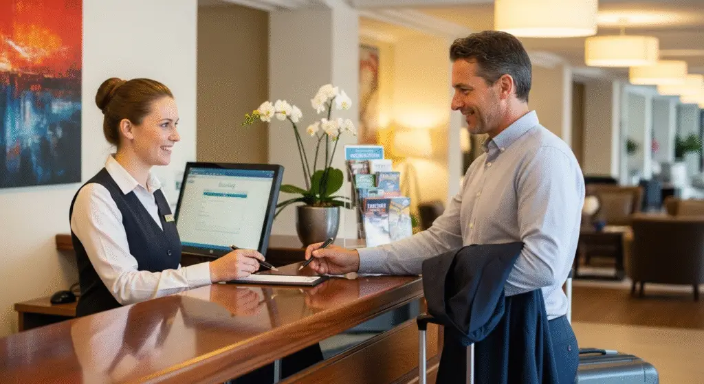 A image of a Hotel receptionist making a reservation with a customer