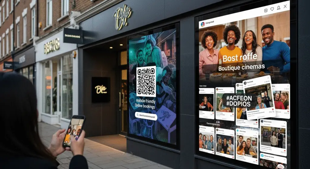 Image of a Leisure business owner standing outside her high street cinema looking out her Digital marketing window display