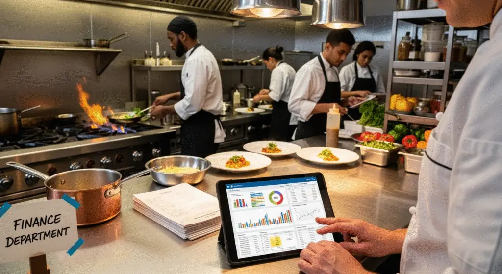 A image of a Restaurant kitchen with the manager on a tablet looking at financial planning
