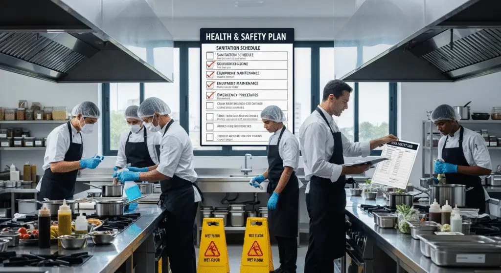 A image of Kitchen workers with a Health and safety policy